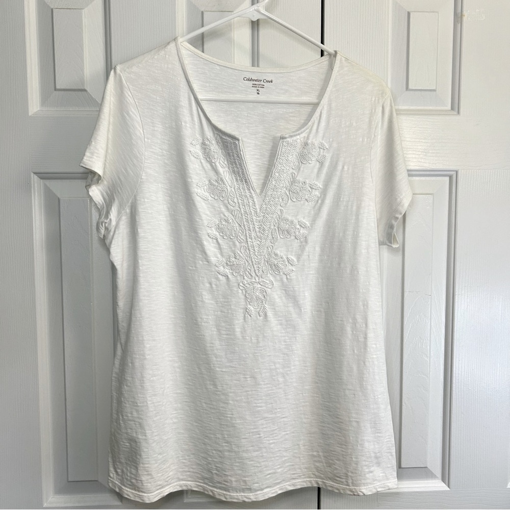 Coldwater Creek White Beaded V-Neck Cotton Short Sleeve Top Size XL 16